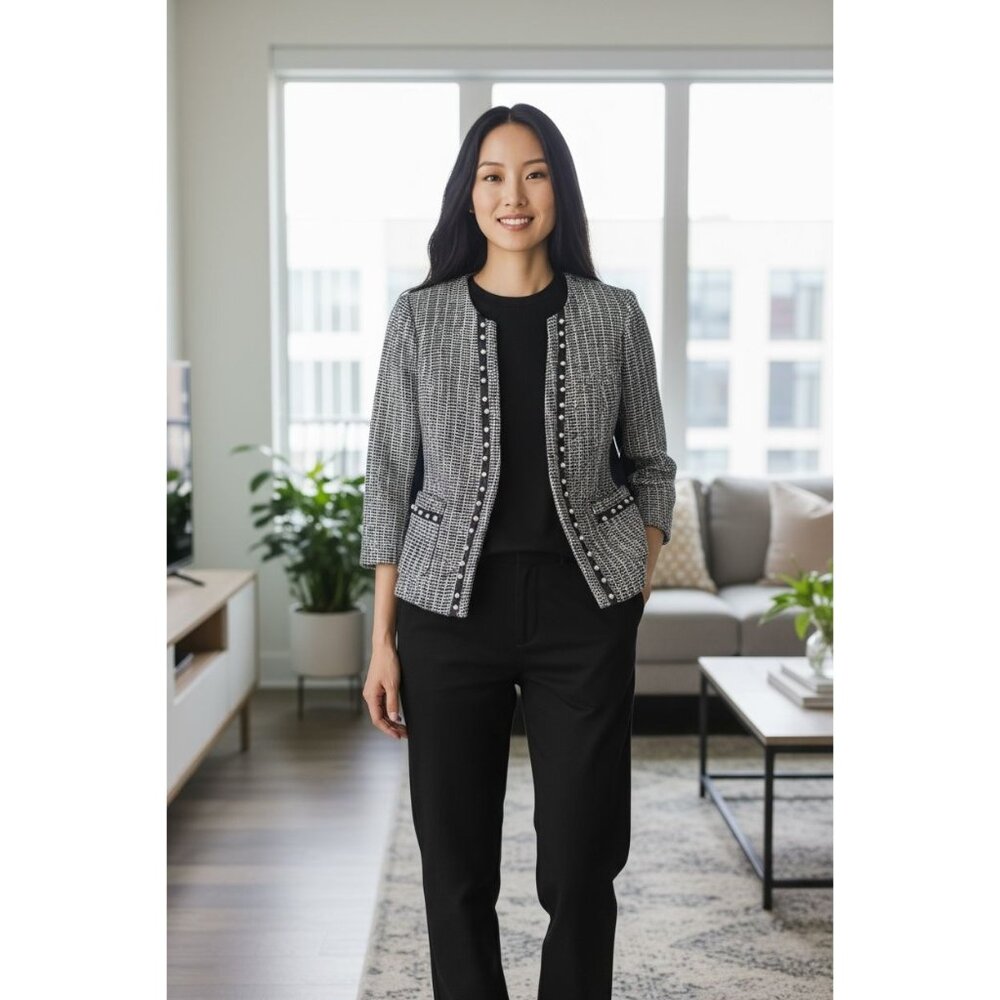 White House Black Market Womens 6 Blue White Pearl Blazer Jacket Long Sleeve